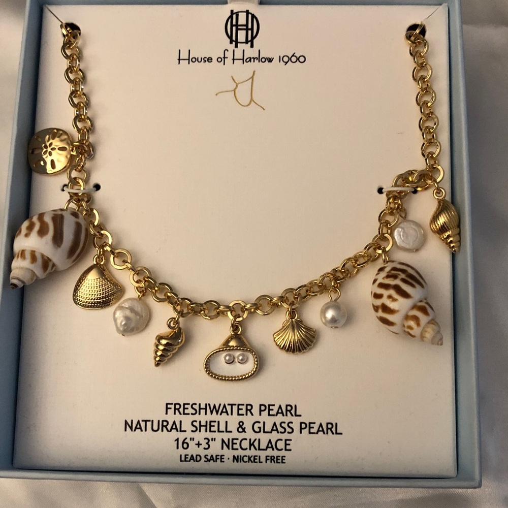 House of Harlow 1960 Gold Tone Freshwater Pearl, Shell & Metal Charm  Necklace - Picture 2 of 16